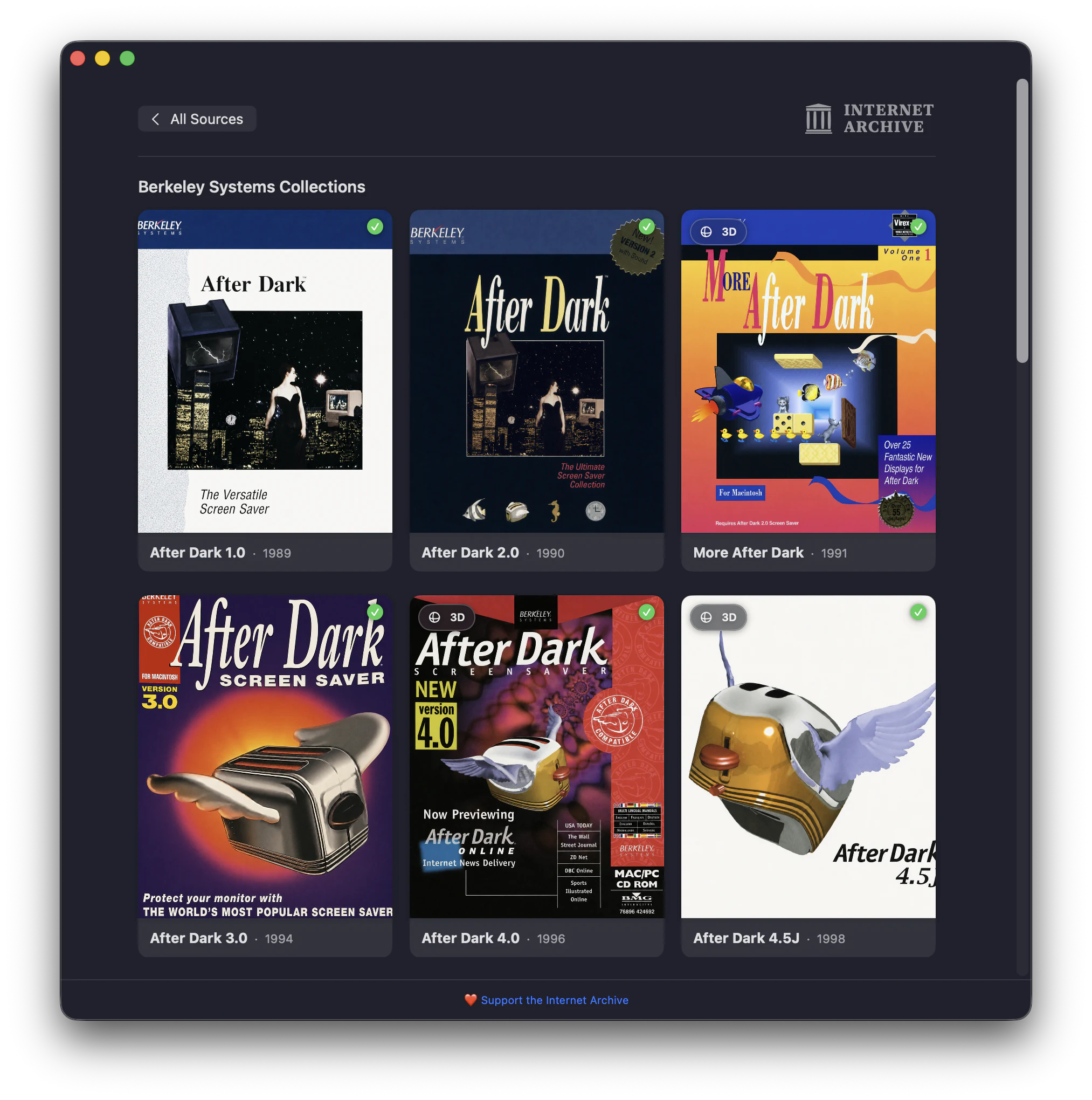 Afterglow’s Internet Archive browser showing cover art for six releases from After Dark 1.0 through After Dark 4.5J.