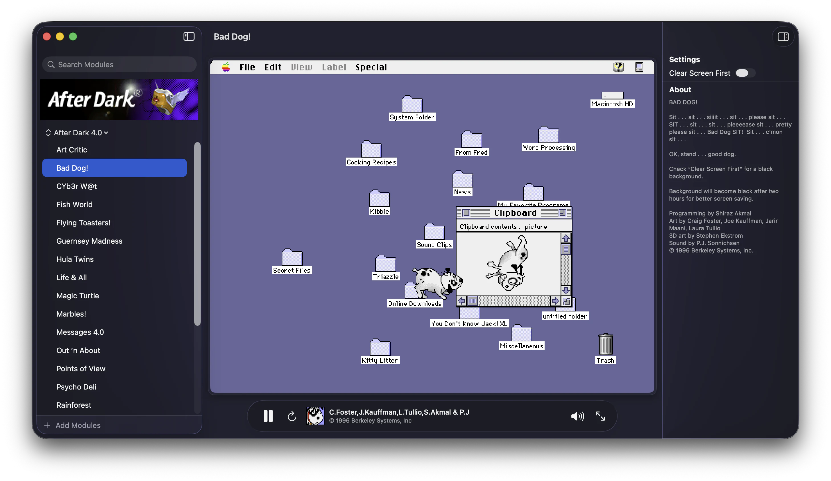 Afterglow running Bad Dog over a classic Macintosh desktop, with module settings and original notes visible.