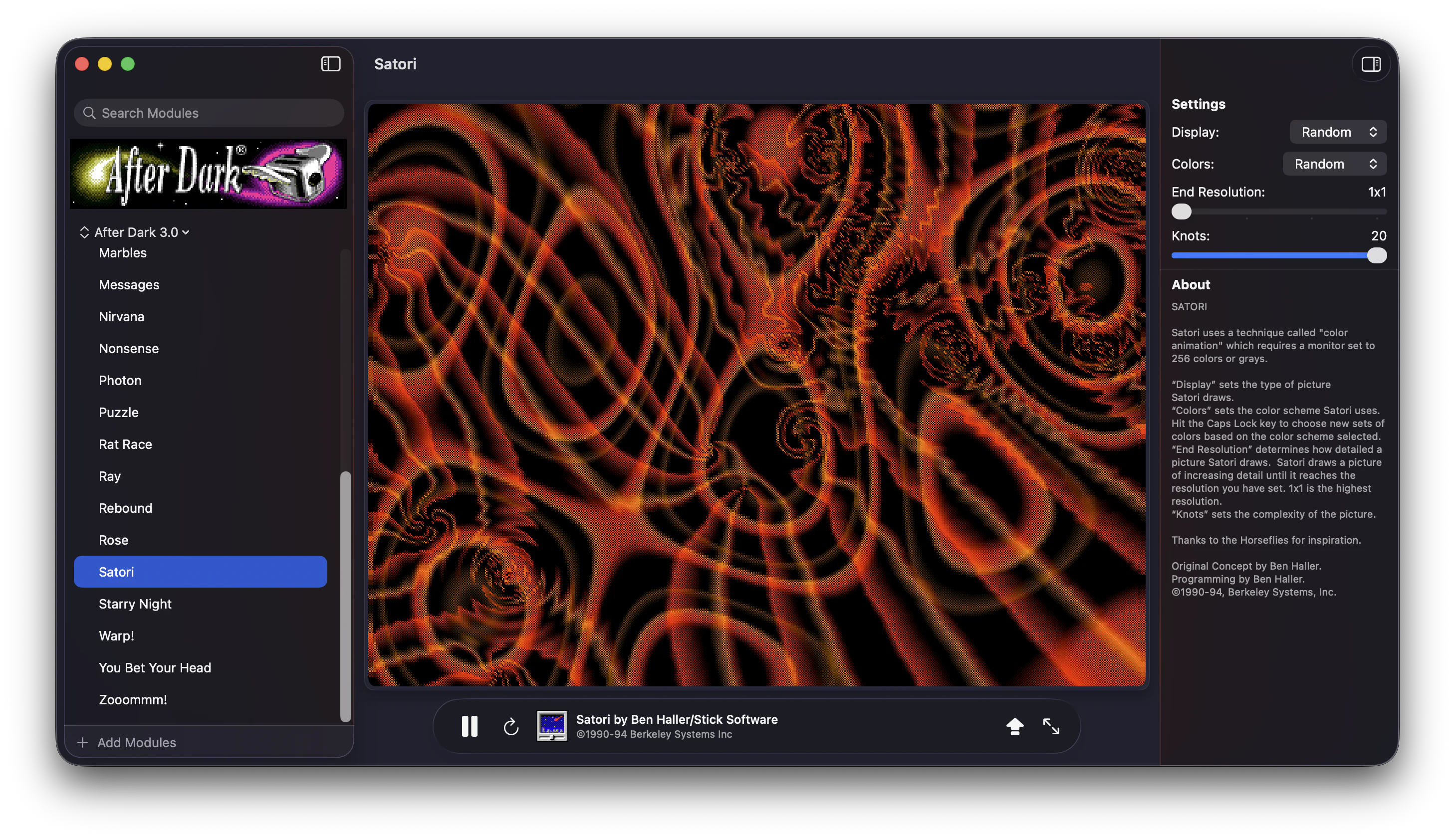 Afterglow running Satori, filling the preview with intricate red, orange, and gold animated patterns.