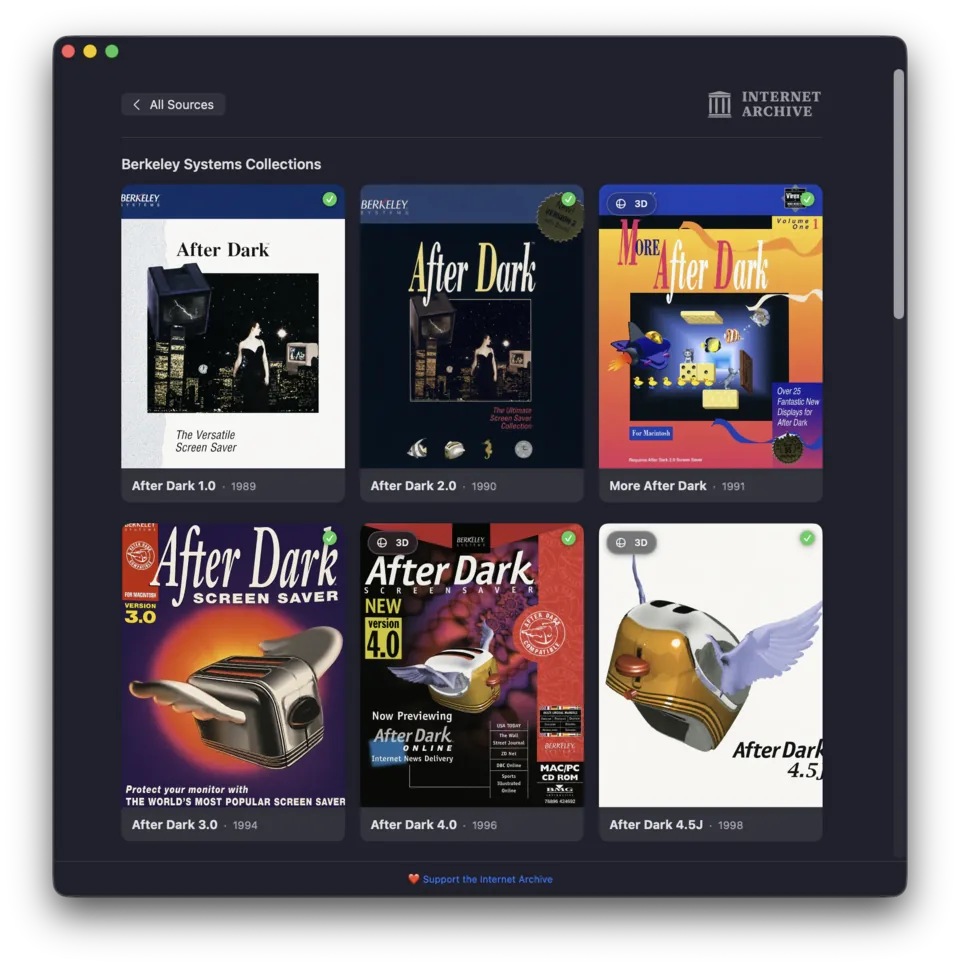 Afterglow’s Internet Archive browser showing cover art for six releases from After Dark 1.0 through After Dark 4.5J.