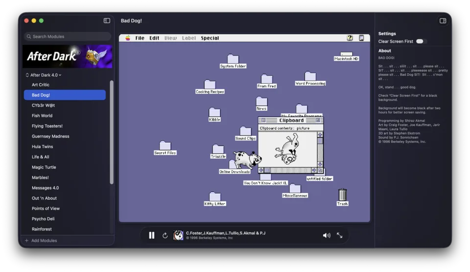 Afterglow running Bad Dog over a classic Macintosh desktop, with module settings and original notes visible.