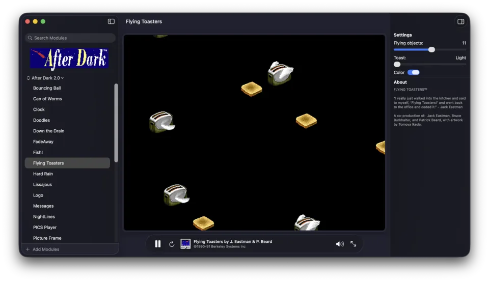 Image 2: Afterglow running Flying Toasters, with the module library on the left and its original settings and notes on the right.
