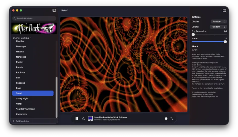 Afterglow running Satori, filling the preview with intricate red, orange, and gold animated patterns.