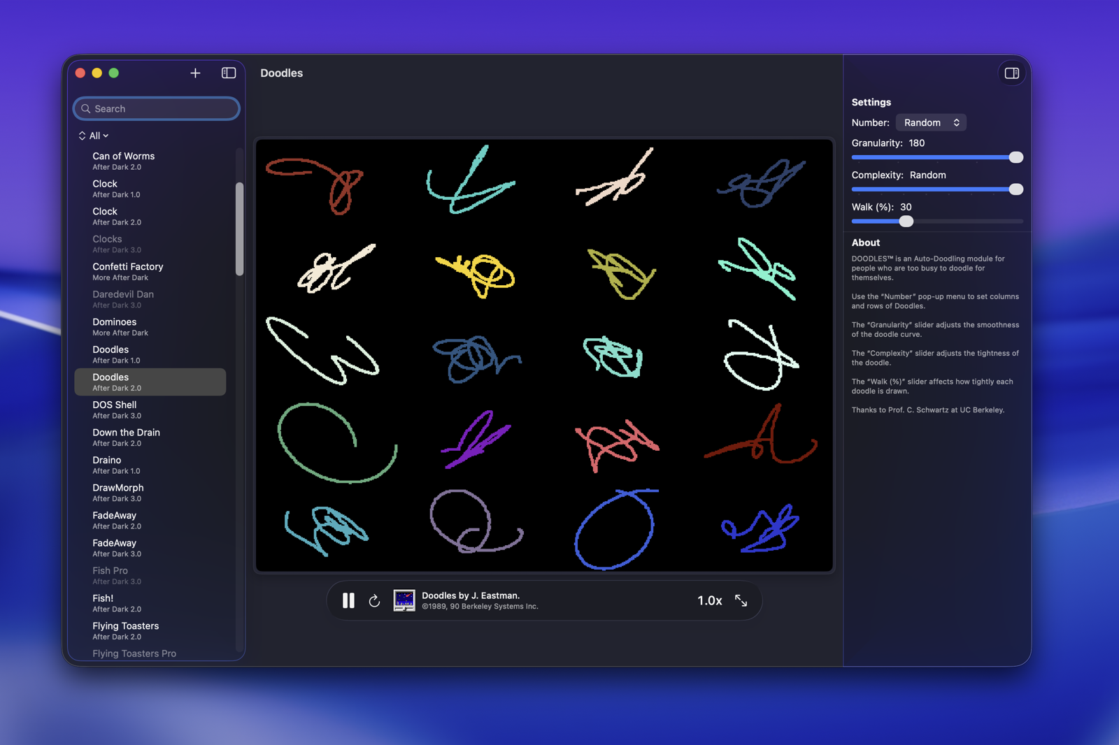 Afterglow playing the Doodles module, showing the module library sidebar and per-module settings panel.