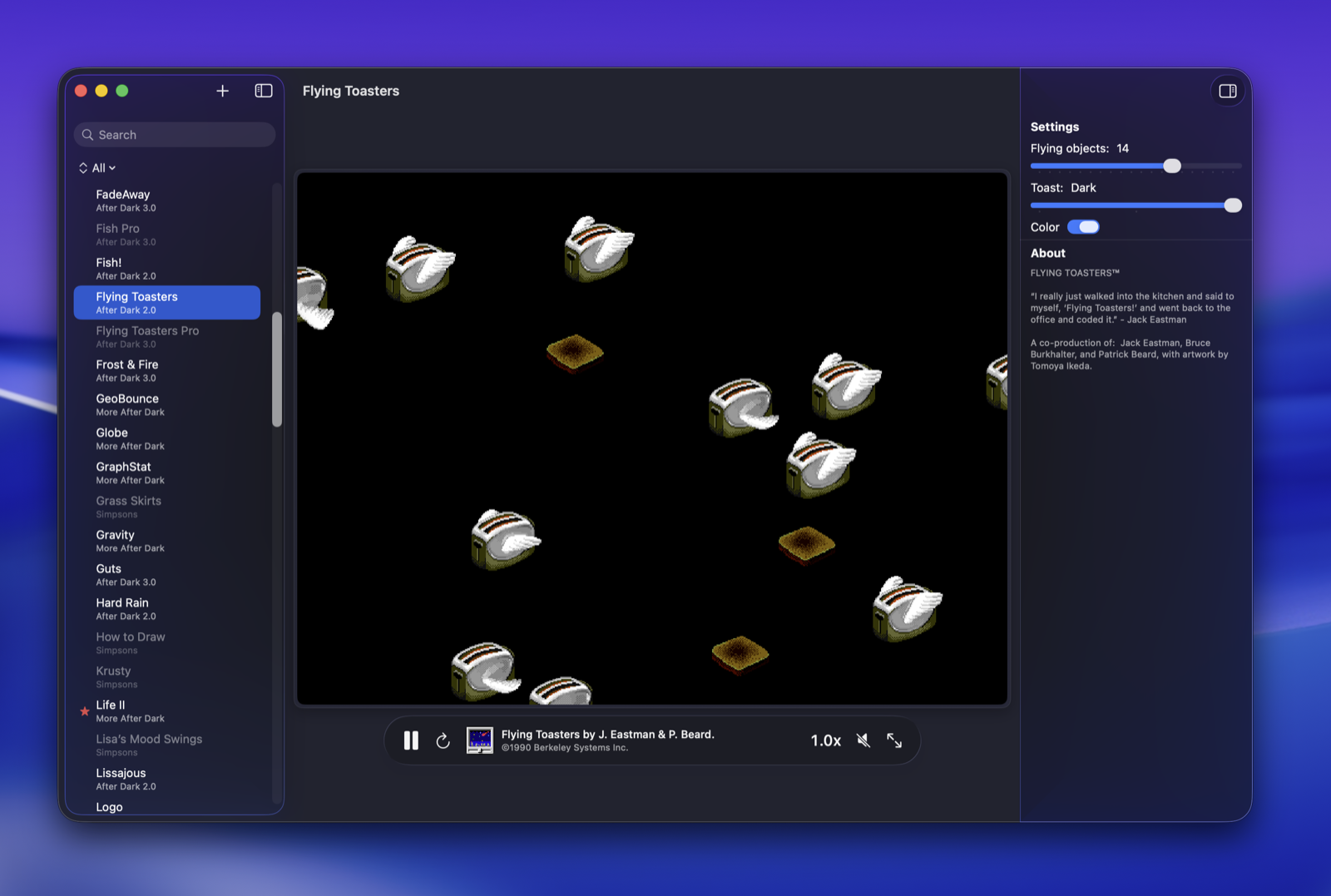 Afterglow running the iconic Flying Toasters module on macOS, with the module library in the sidebar and per-module settings on the right.
