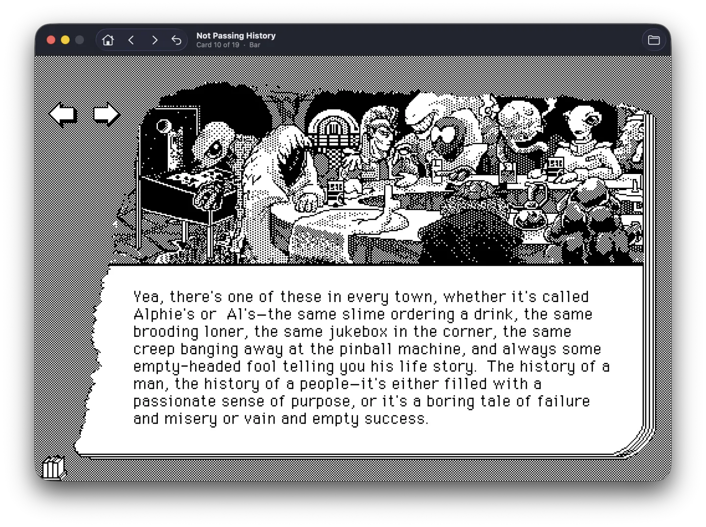 Stacks on macOS showing the stack “Not Passing History” — a dithered bar-scene illustration above a paragraph of narration.