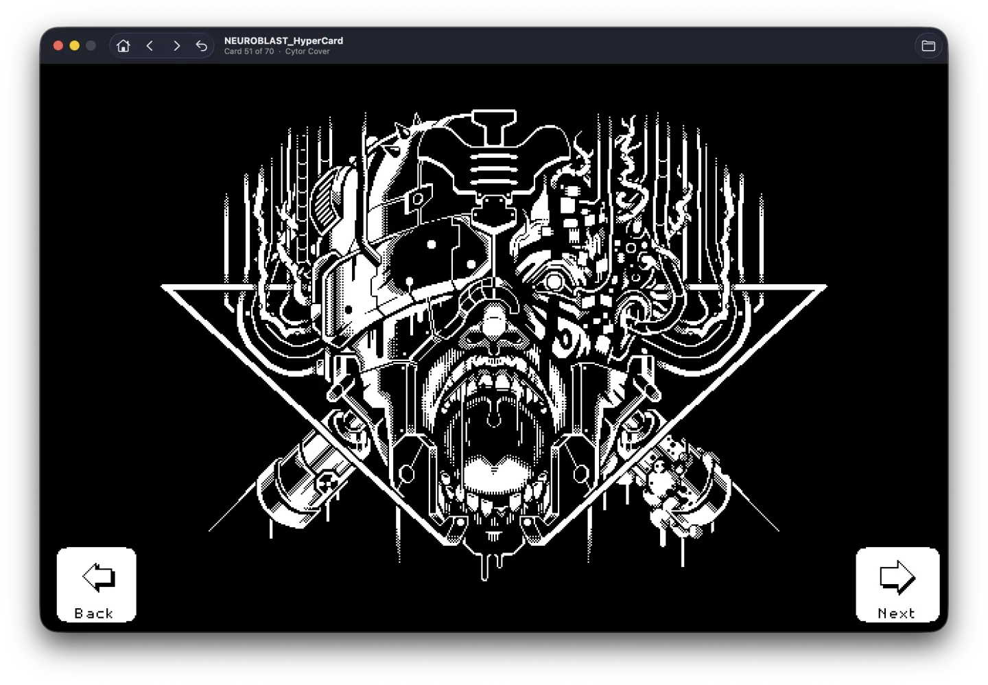Stacks on macOS showing the “NEUROBLAST” cover card — an intricate black-and-white biomechanical skull inside a triangle.