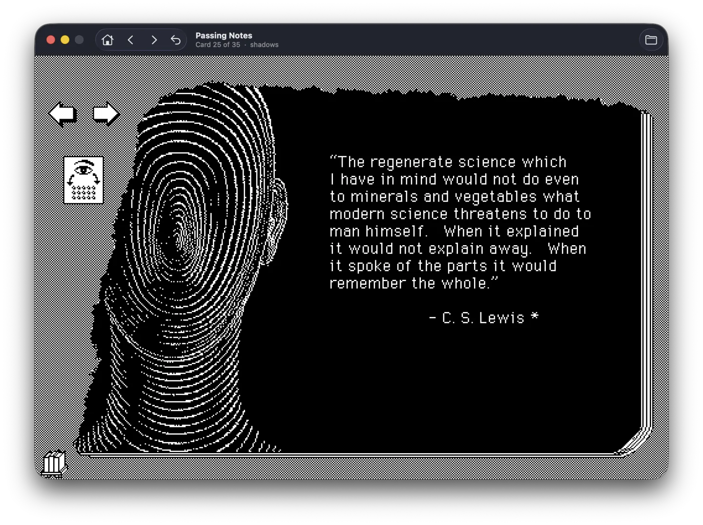 Stacks on macOS showing the “Passing Notes” stack — a fingerprint-whorl face beside a C. S. Lewis quote.