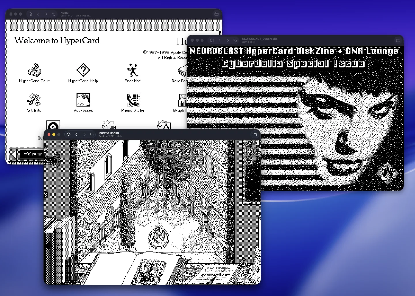 Stacks on macOS with three overlapping stack windows — the Home stack, the “NEUROBLAST” DiskZine cover, and the “Imitatio Christi” stack — over a blue Aqua background.