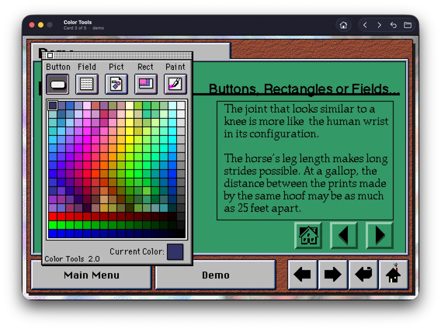 Stacks on macOS showing the “Color Tools” stack with the Color Tools 2.0 palette floating open — a grid of color swatches and Button/Field/Pict/Rect/Paint tools — over a green card titled “Buttons, Rectangles or Fields…”.
