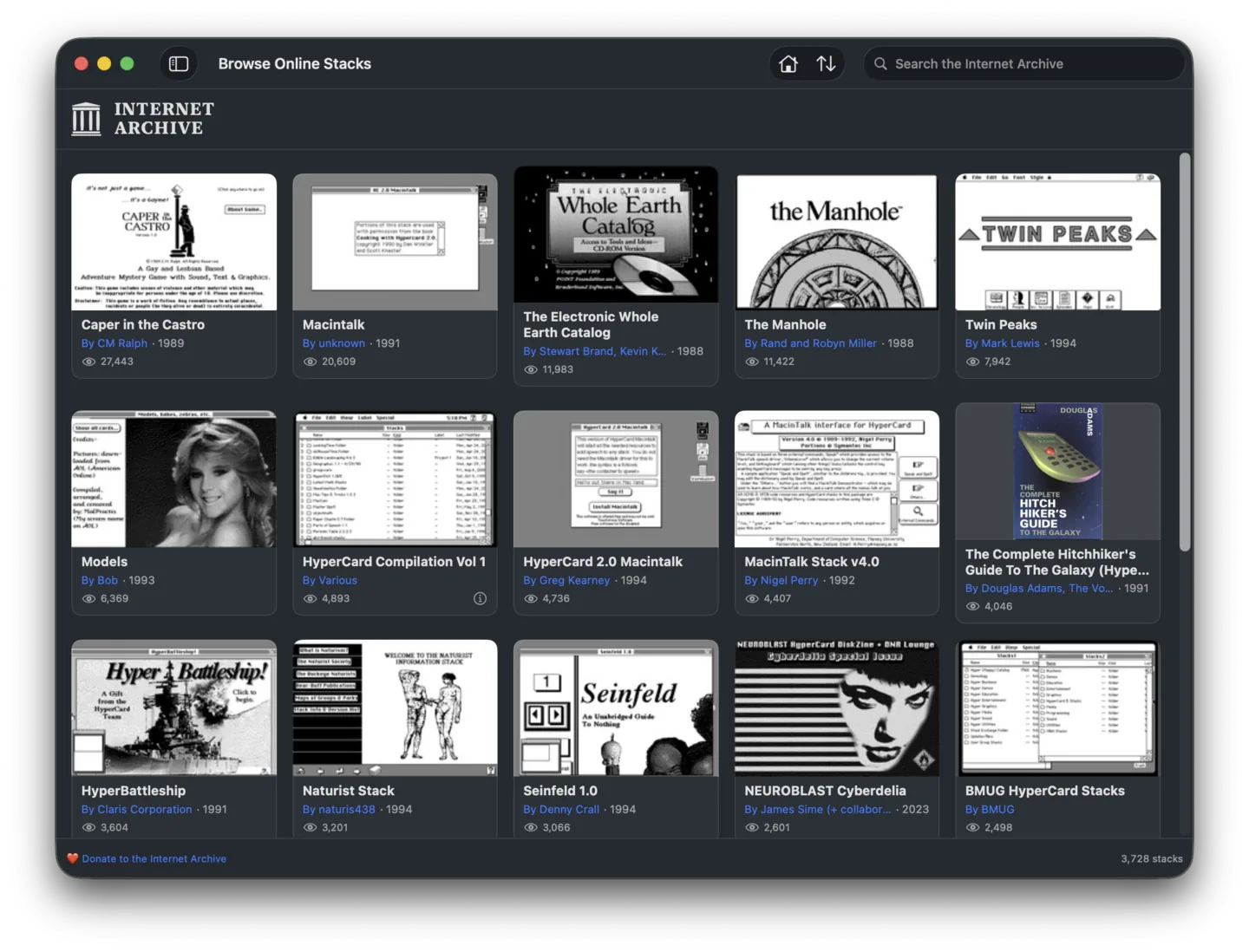 Stacks on macOS showing the “Browse Online Stacks” window — a dark grid of Internet Archive stack thumbnails including Caper in the Castro, The Electronic Whole Earth Catalog, The Manhole, and Twin Peaks, each with author, year, and view count.