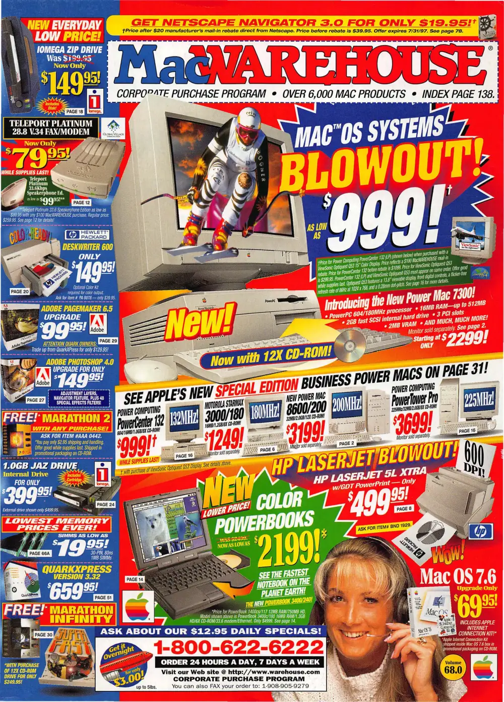 Front cover of MacWarehouse Volume 68 from 1997, featuring a Netscape Navigator 3.0 promotion.
