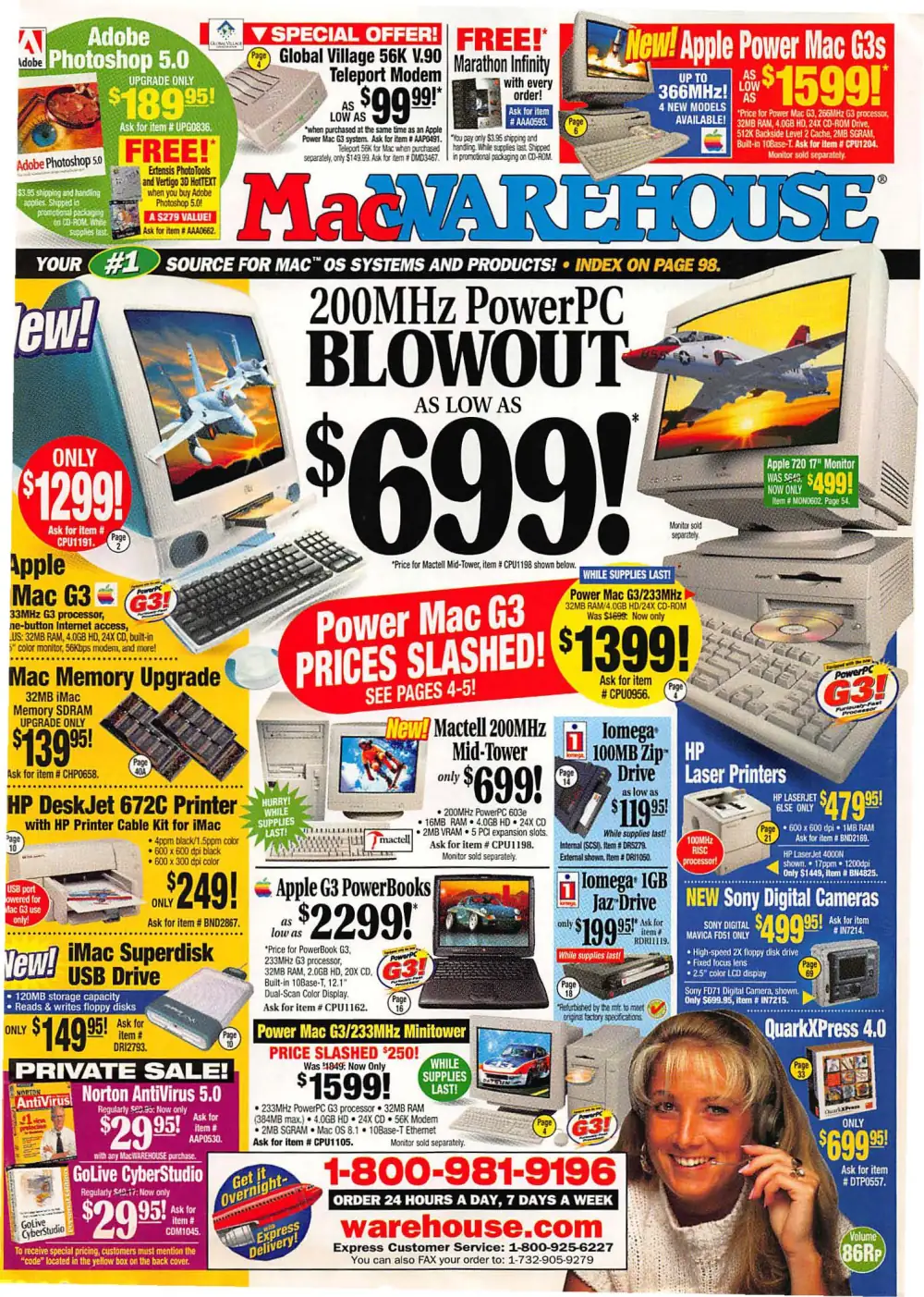 Front cover of the 1998 MacWarehouse Volume 86RP catalog, featuring Power Mac G3 offers.