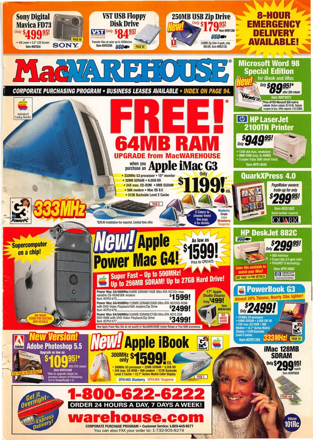 Front cover of the 1999 MacWarehouse Volume 101Rc catalog, featuring iMac, Power Mac G4, and iBook offers.